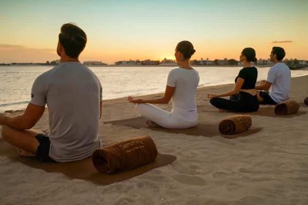 Fairmont The Palm_Dubai with Travelling Athletes _yoga on the beach - Fitness Holiday Dubai - Fitness Holiday Dubai